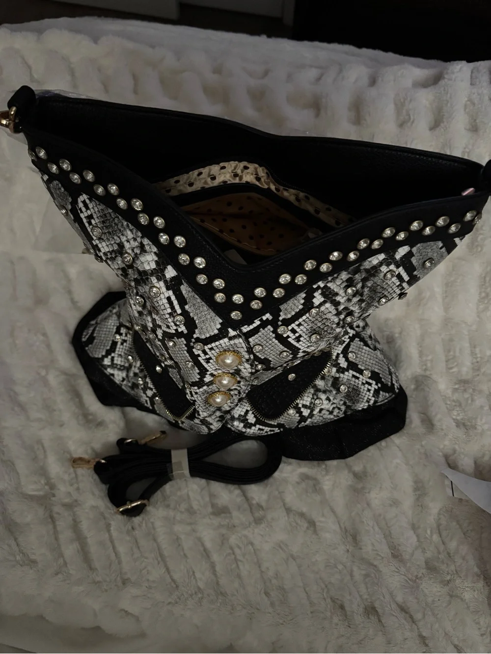 Studded Black & White Snake-Print Women’s Shoulder Bag NWT